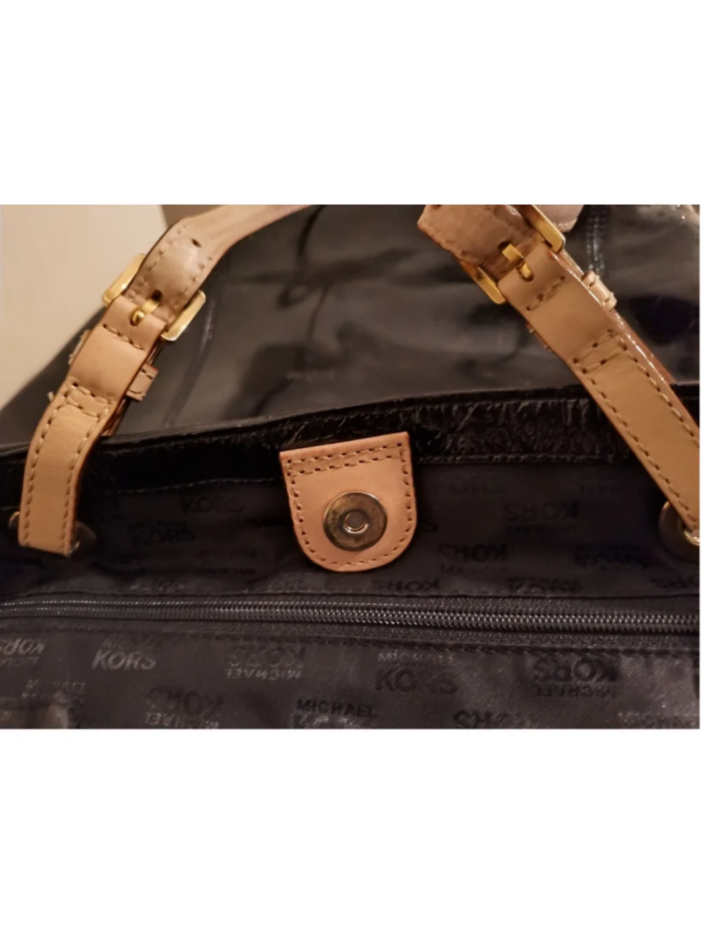MICHAEL KORS Black MK Logo Monogrammed Patent Leather Tote Purse Handbag Medium